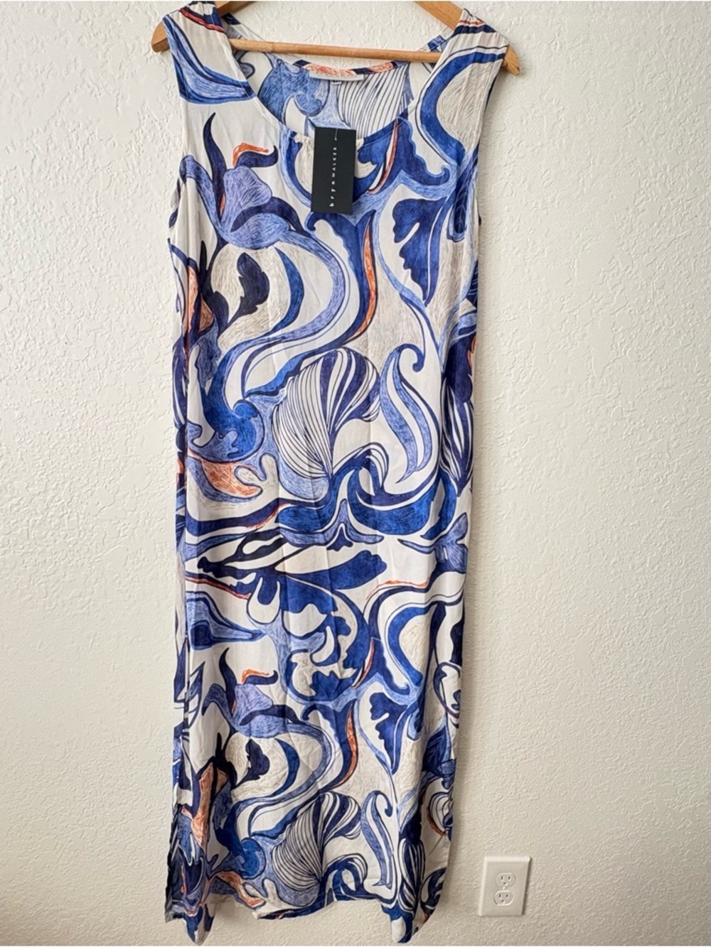 bryn Walker Blue White Orange Abstract Whimsy Thin Resort Maxi Sleeveless Dress